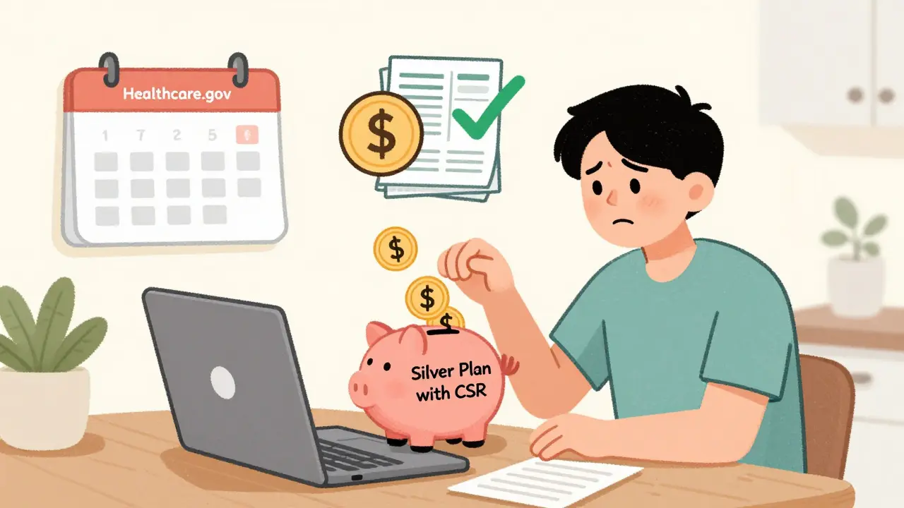 Person at kitchen table with laptop showing HealthCare.gov, subsidy coins falling into a piggy bank while quarterly reminders appear on wall.