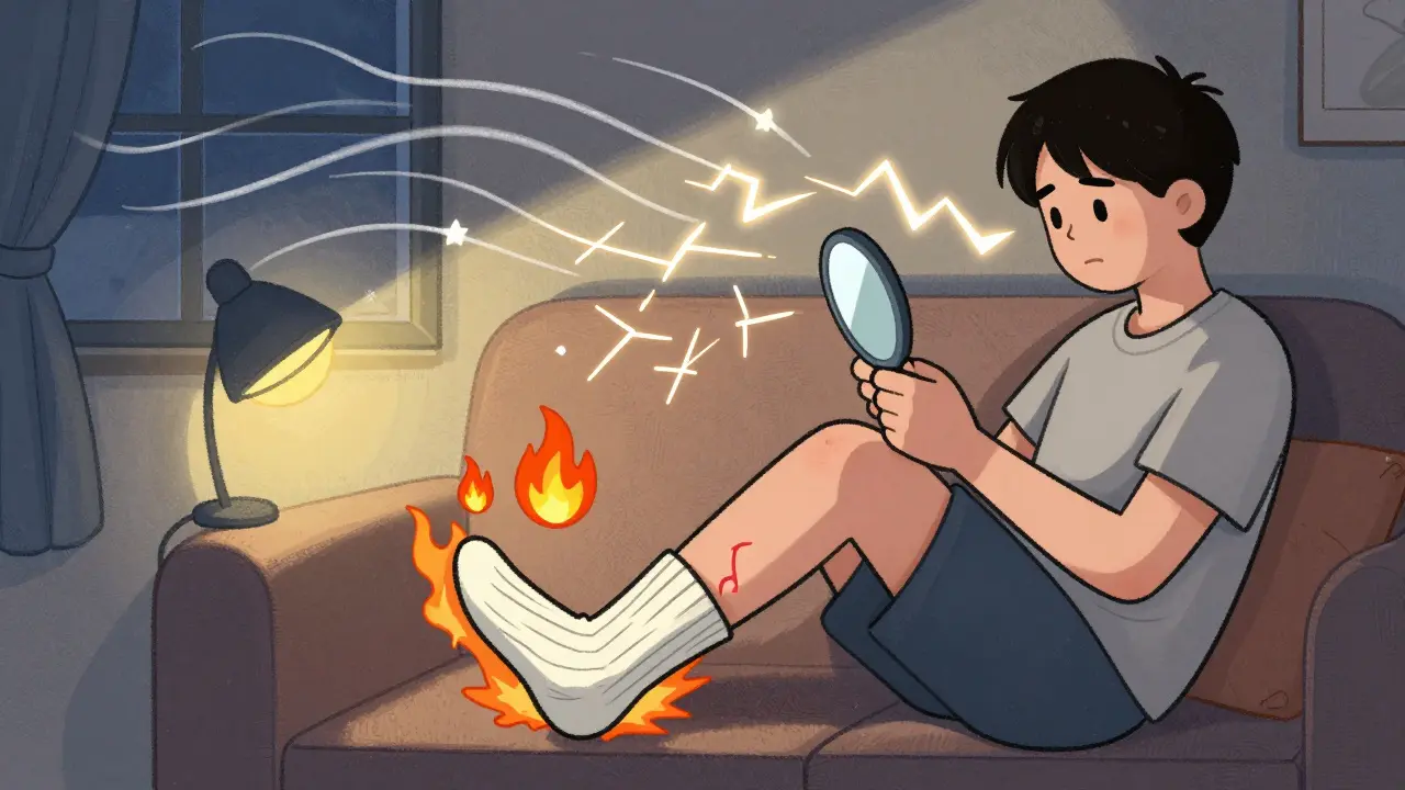 Person checking feet at night with a mirror, surrounded by electric pain signals and cool breeze lines.