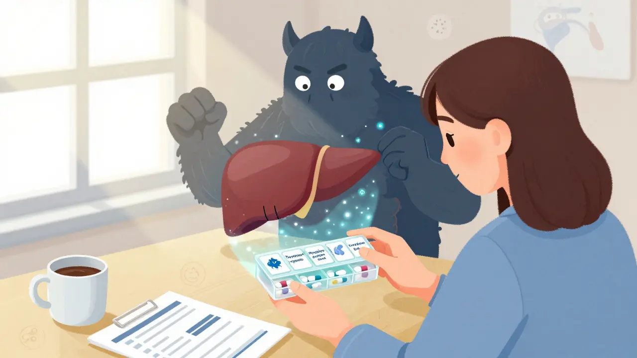 Person taking immunosuppressant pills as a shadowy immune system threatens the transplanted liver.