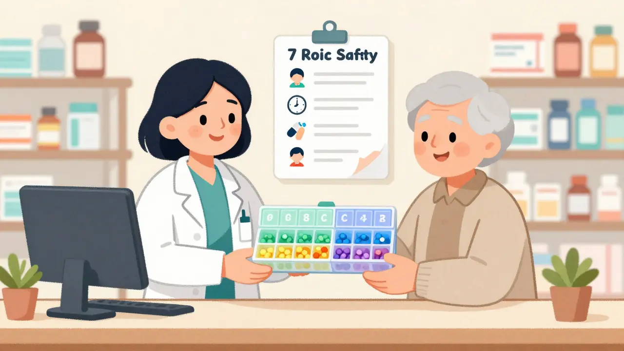 Pharmacist and patient examining a color-coded pill organizer with safety checklist icons floating nearby.