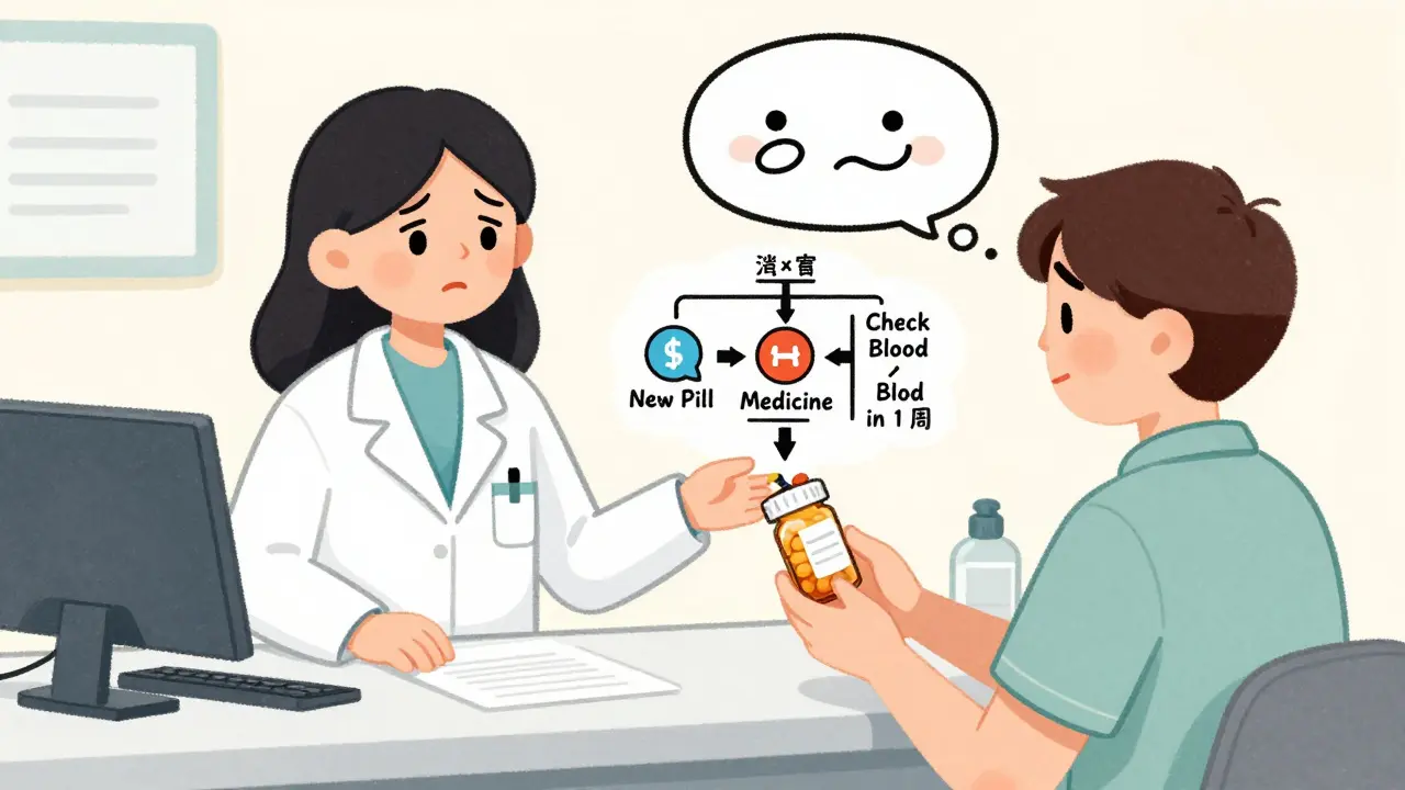 Pharmacist explaining a generic drug switch to a patient using a hand-drawn visual aid with icons.
