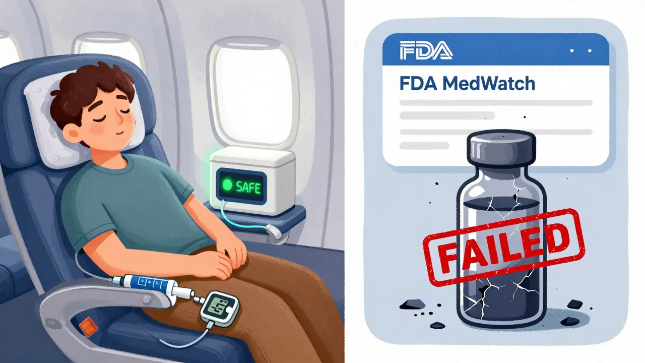 Split image: traveler with safe medical device on plane vs. broken insulin vial with red warning symbol.