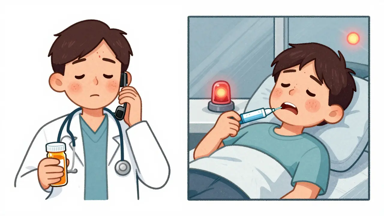 Split scene: calm person calling doctor vs. same person in medical emergency with EpiPen