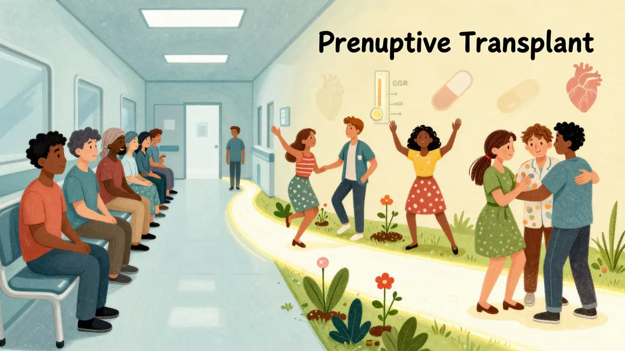 Split scene: left side shows patients waiting in a clinic, right side shows them thriving — connected by a path labeled 'Preemptive Transplant'.