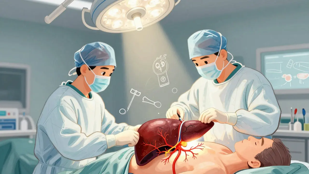 Surgeons transplanting a glowing healthy liver into a patient, with a living donor’s hand nearby.