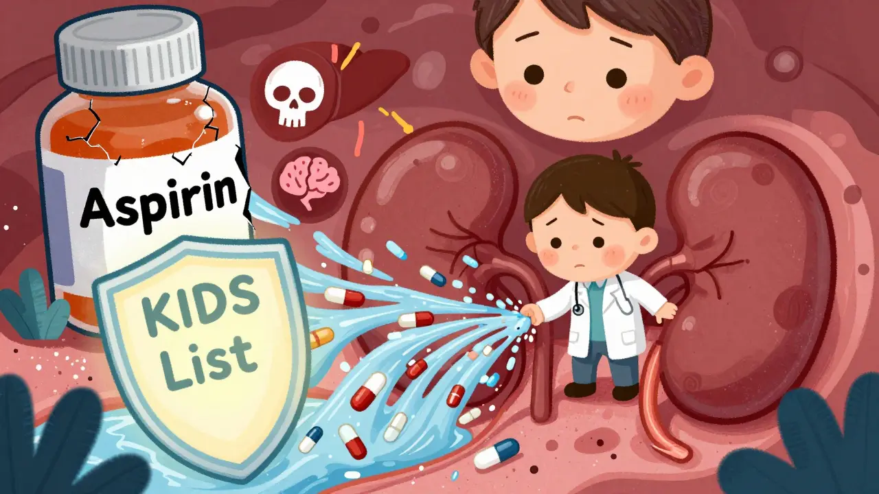 A doctor on a kidney stopping a drug flood, with aspirin leaking danger symbols and a KIDs List shield protecting the child.