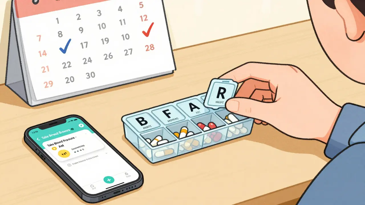 A hand opening a labeled pill organizer with a smartphone showing a medication reminder alert.