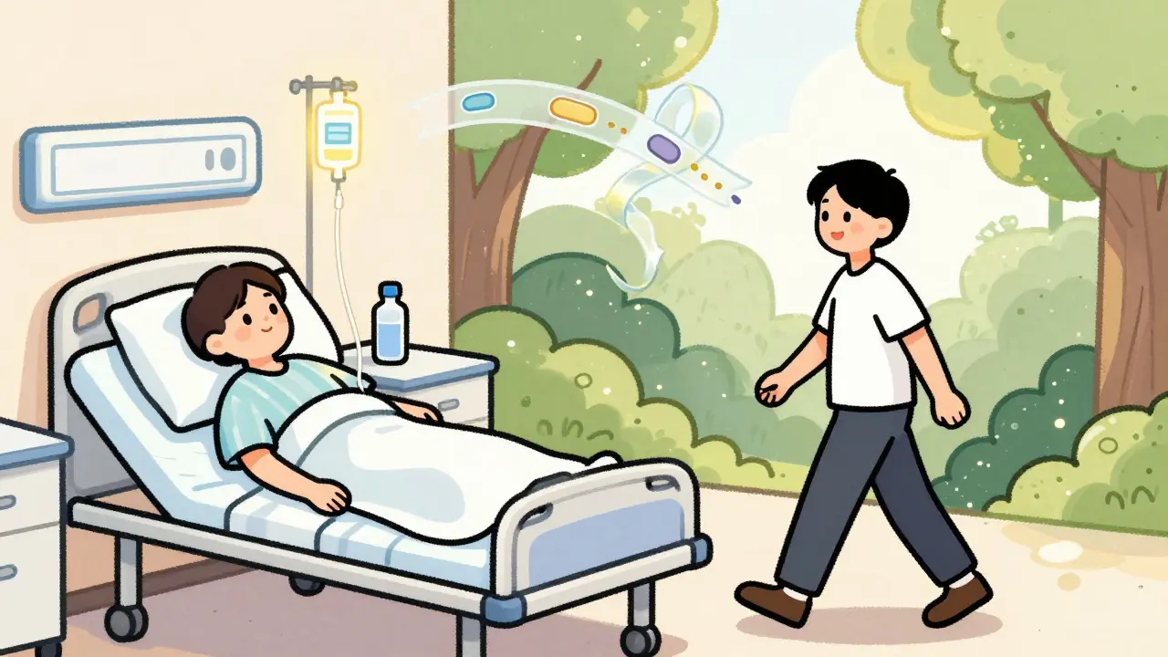 A patient receiving IVIG treatment in hospital and later walking happily outside, showing improvement from myasthenia gravis therapy.