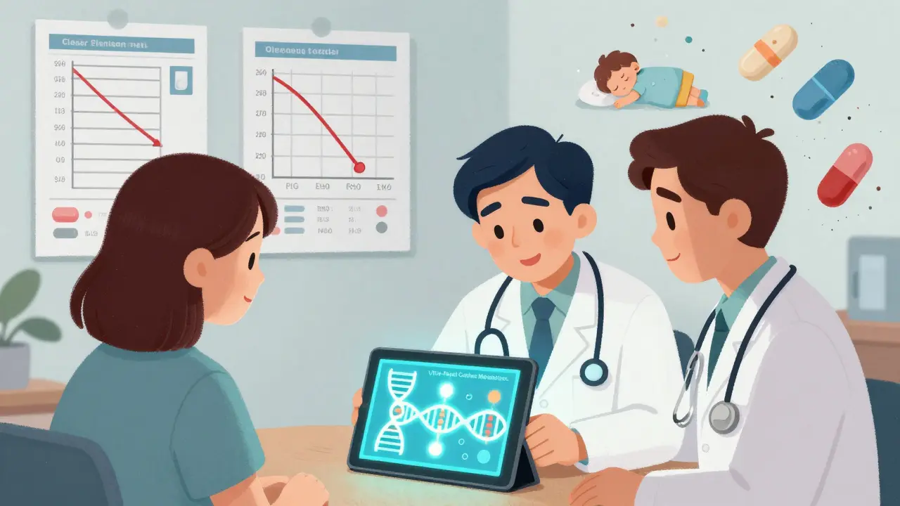 A pediatrician and parent view a child's DNA map with genetic warnings, while safe child-specific pills replace adult ones.