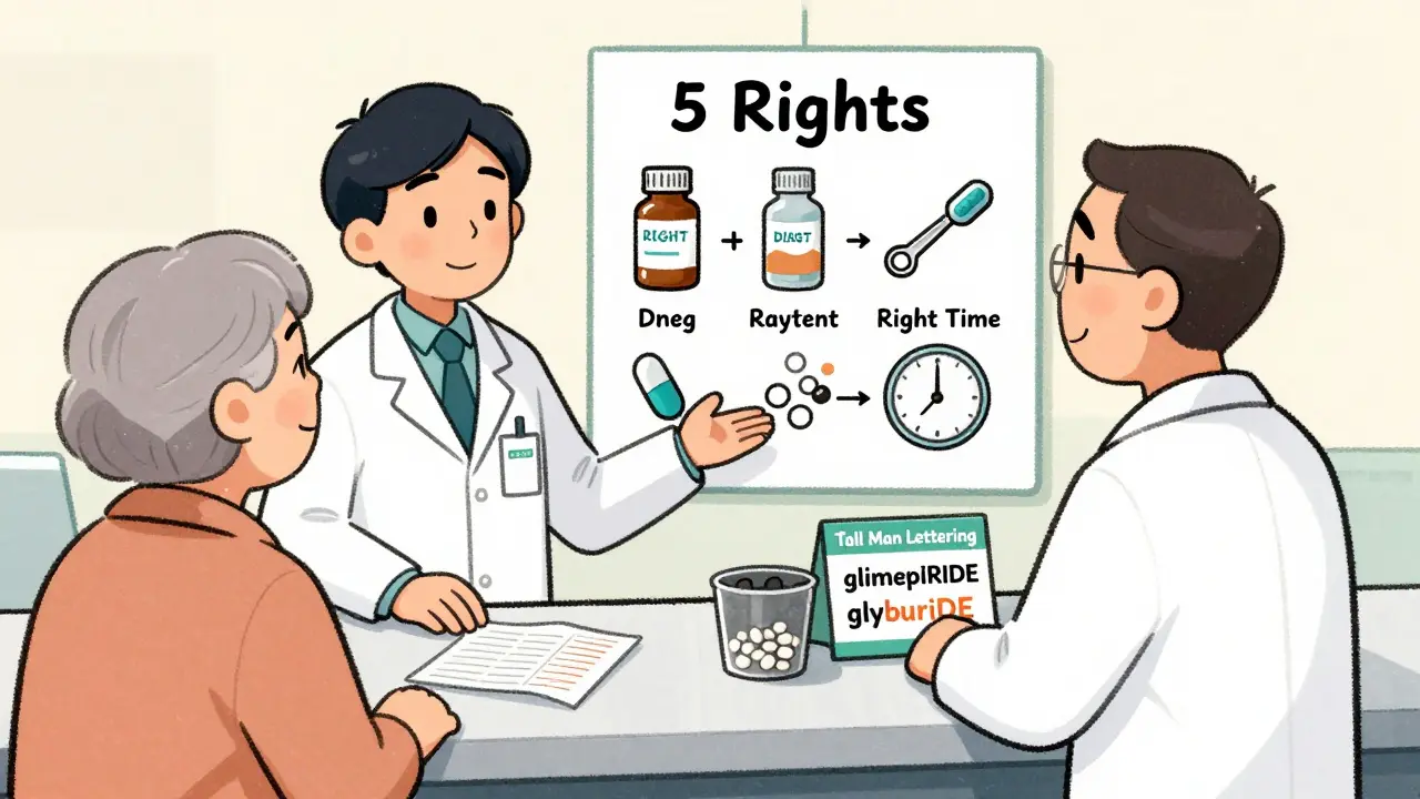 A pharmacist explaining the 5 Rights of medication safety using a visual chart and pill organizer.