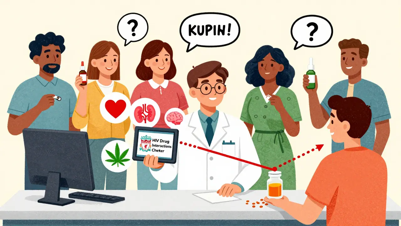 A pharmacist using a drug interaction checker tool, with floating warning icons connected to common medications and a patient.