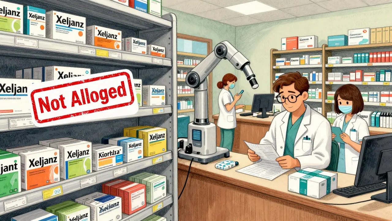 A retail pharmacy with a 'Not Allowed' stamp beside a generic drug vs. a specialty pharmacy hub managing complex care processes.