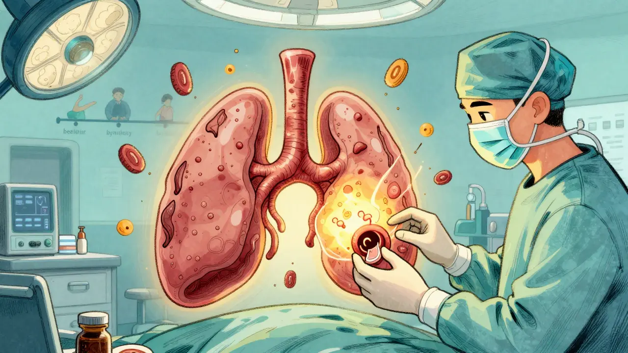 A stylized thymus gland being removed during surgery, with antibodies and B-cells floating around, symbolizing thymectomy as treatment for myasthenia gravis.
