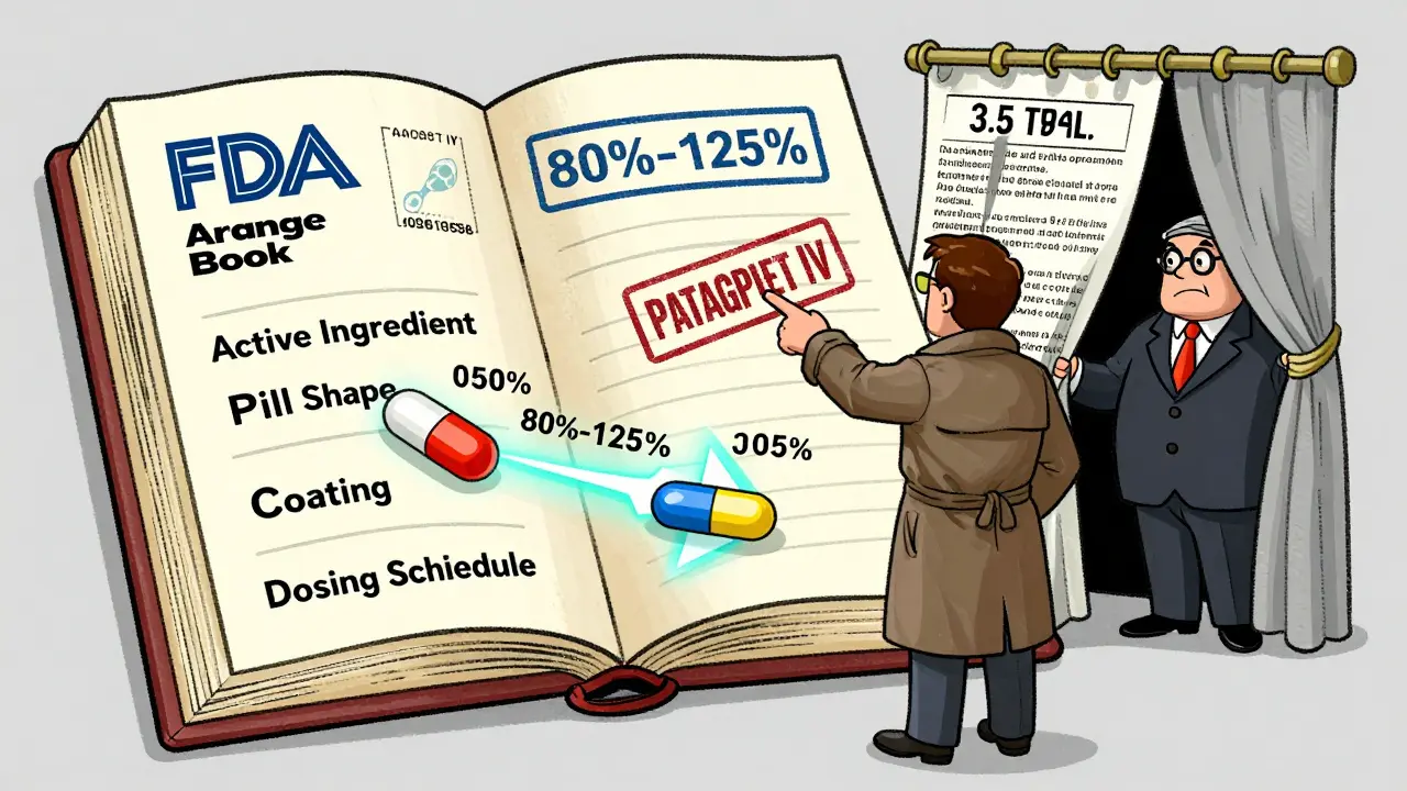 An open book labeled 'Orange Book' with floating patents, a detective pointing to Paragraph IV, and bioequivalence arrows between two pills.