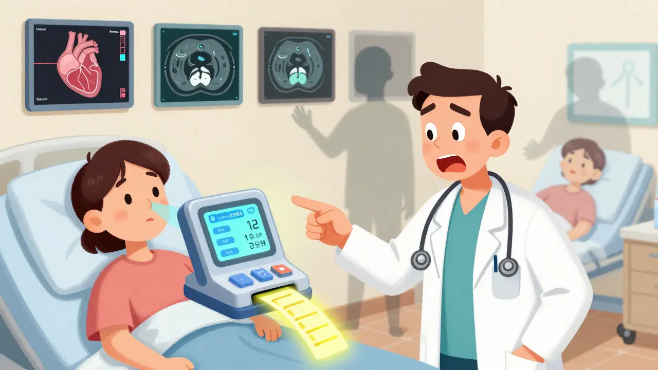 Bedside device printing rapid NT-proBNP result in ER, with ghostly images of avoided tests fading away.