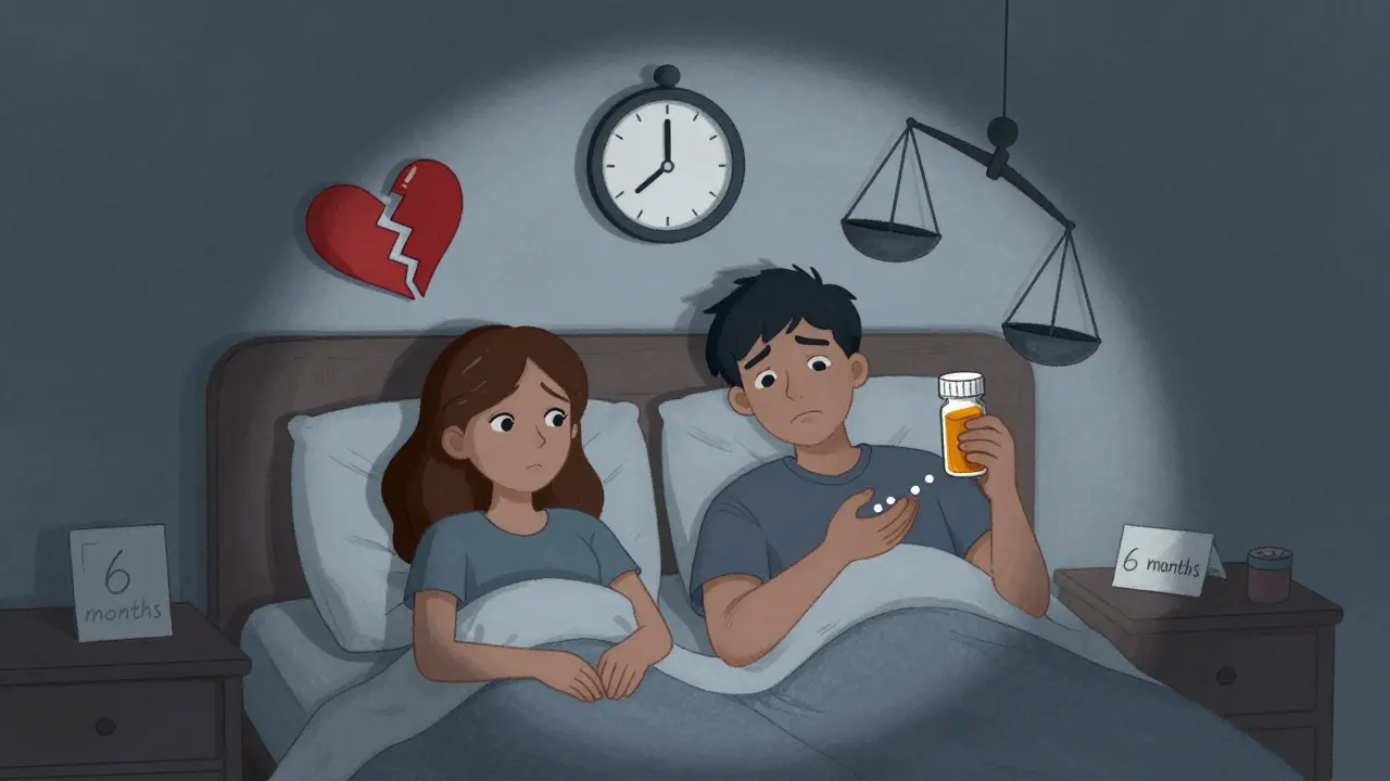 Couple in bed with floating symbols representing long-term sexual dysfunction from SSRIs, moonlight casting a quiet, somber mood.