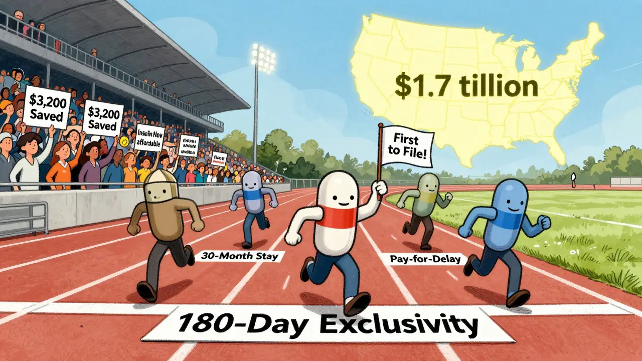Generic drug companies racing toward a finish line for 180-day exclusivity, with patients cheering and savings totals in the background.