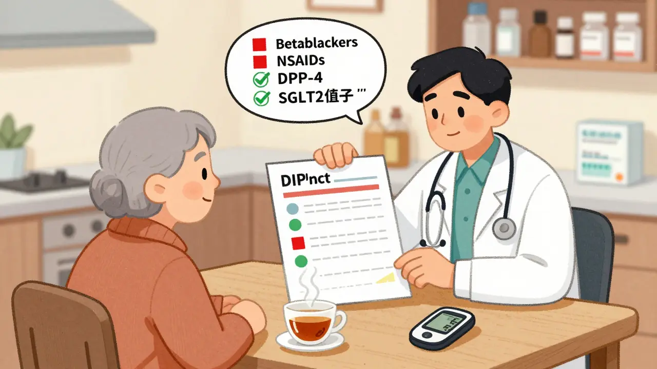 Older adult with doctor and pharmacist reviewing medications, safer drugs marked with green checks.