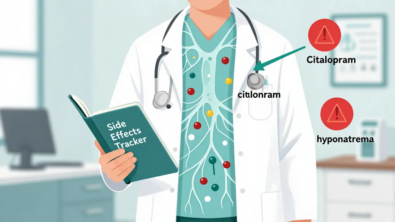 Person in doctor's office holding a side effects journal, transparent body showing serotonin flow with best-tolerated SSRI highlighted.