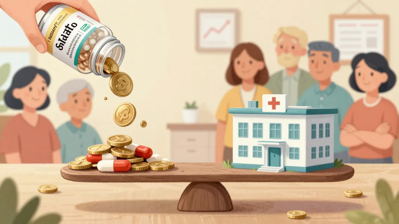 Scale balancing brand and generic pills with coins flowing to hospital building