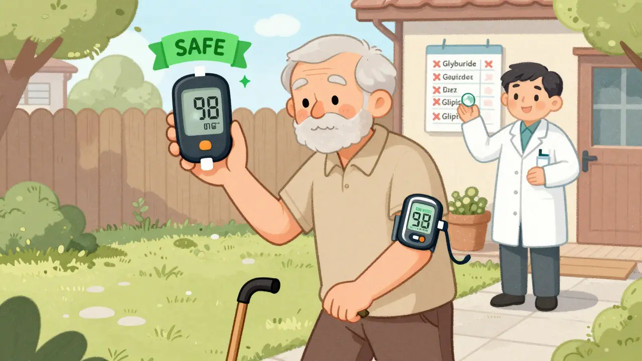 Senior walking with cane, wearing CGM device, holding glucose tablet in safe home environment.