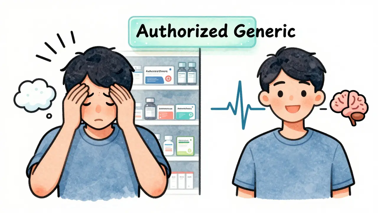 Split scene: one side shows symptoms after regular generic switch, other side shows relief after authorized generic.