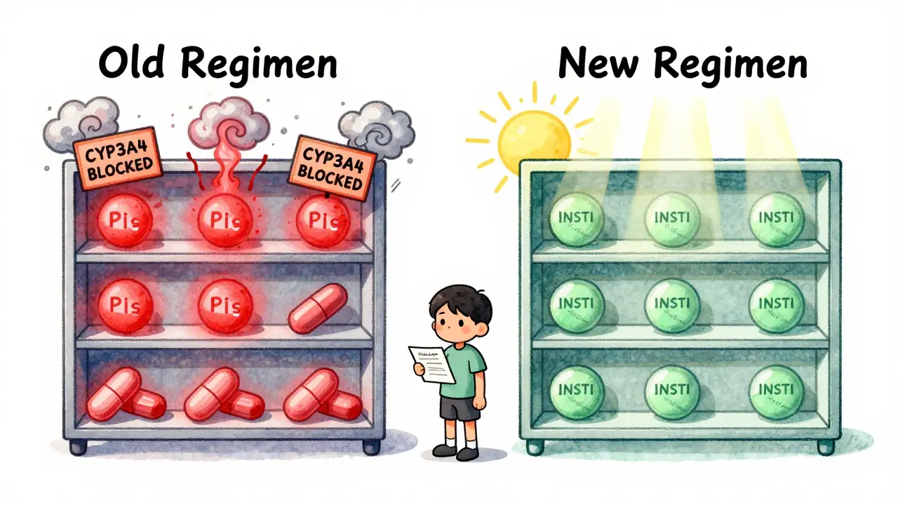 Two medicine shelves showing contrasting HIV treatment regimens: chaotic red pills vs. calm green ones, highlighting safety differences.