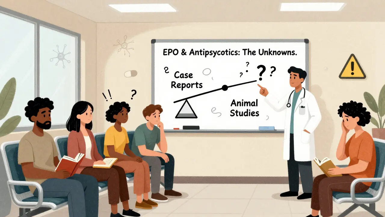 A diverse group of people in a clinic waiting room, with a doctor explaining conflicting research about evening primrose oil on a whiteboard.