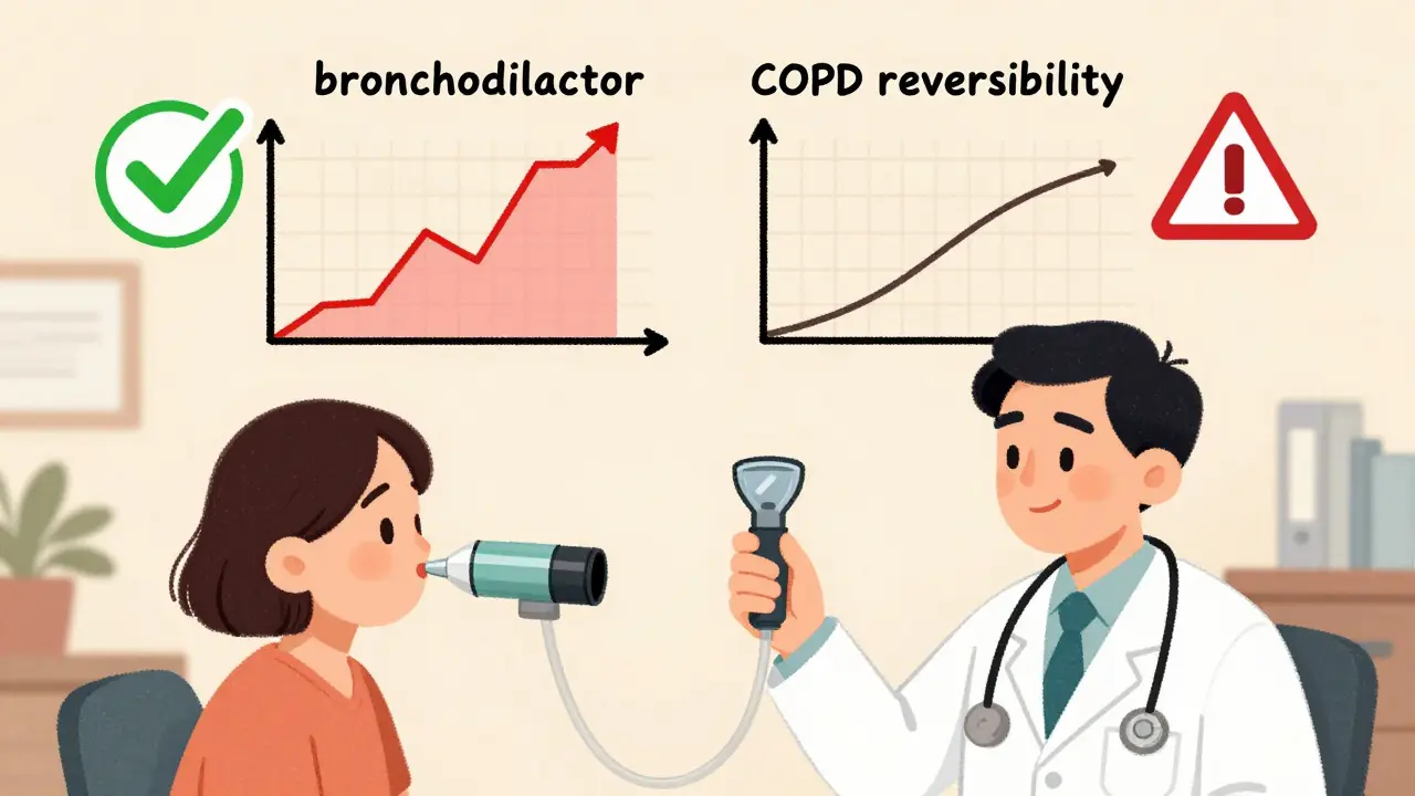 A patient blowing into a spirometry tube with two graphs showing asthma reversibility versus COPD fixed obstruction.