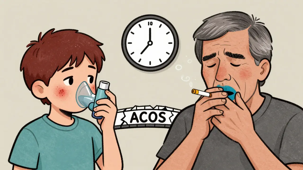 A person with dual traits — childhood asthma and adult smoking — connected by a bridge labeled ACOS, showing overlap syndrome.