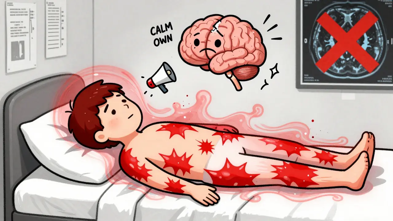 A person with widespread pain radiating across their body, while a broken 'CALM DOWN' button floats above their head.