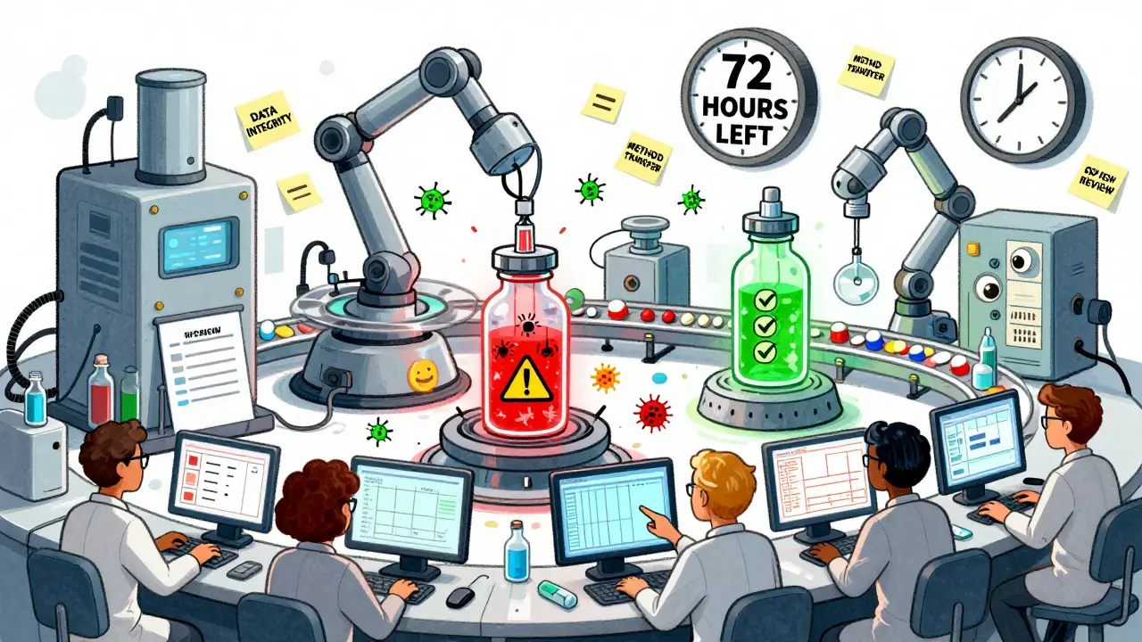 A whimsical lab with robotic equipment and glowing vials, analysts reviewing data under a tight deadline.