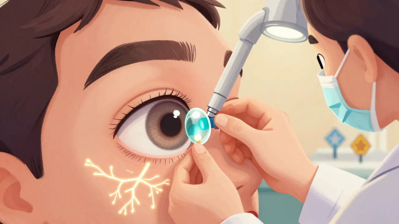 An eye care specialist inserts a scleral lens as a saline reservoir forms, with UV light from cross-linking therapy glowing softly beneath.