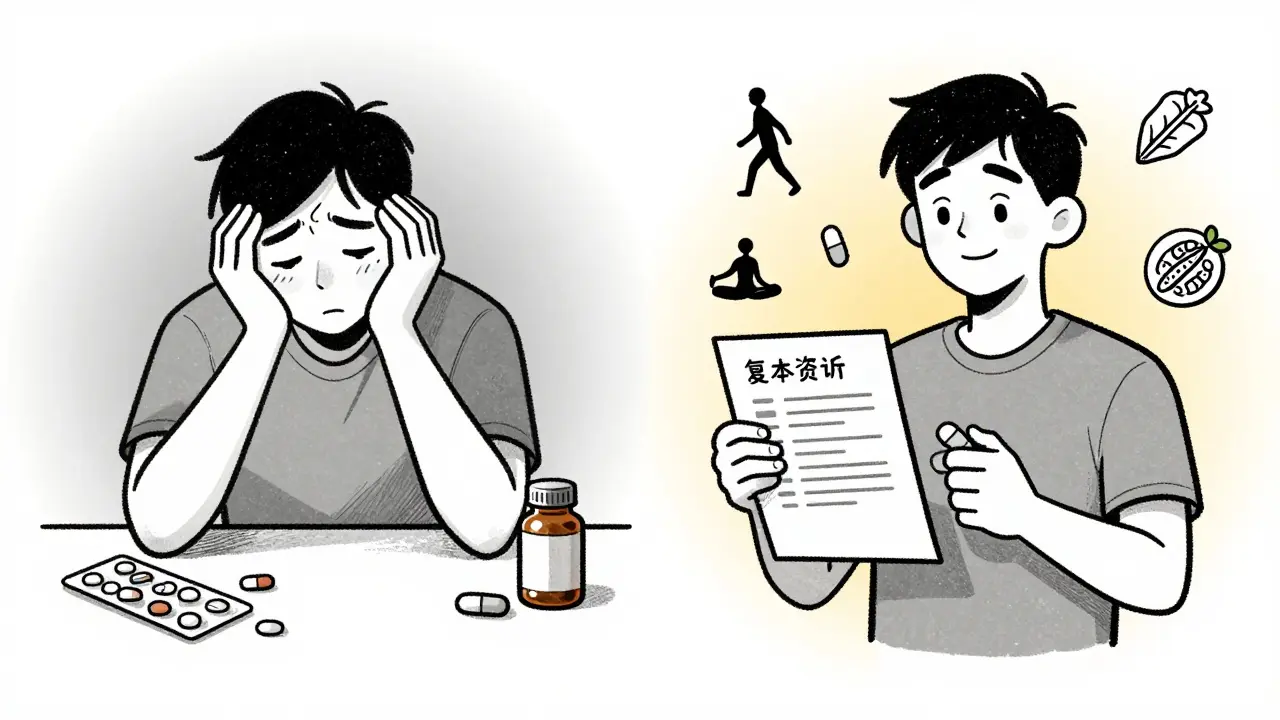 Before-and-after scene: cluttered pills vs. simple treatment with lifestyle alternatives.