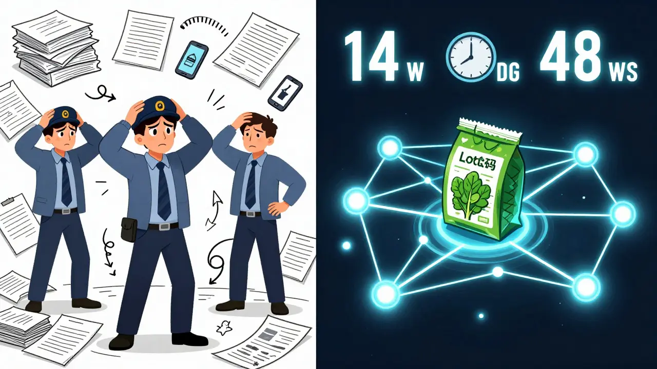 Cartoon split scene: chaotic paper records vs. clean digital trace system, with time reduced from weeks to two days.