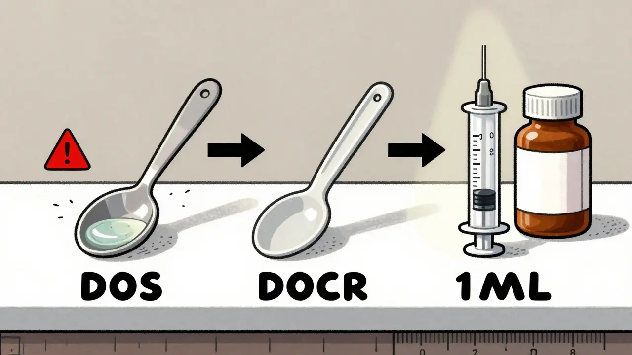 Comparison of kitchen spoon, generic plastic spoon, and precise dosing syringe with metric markings.