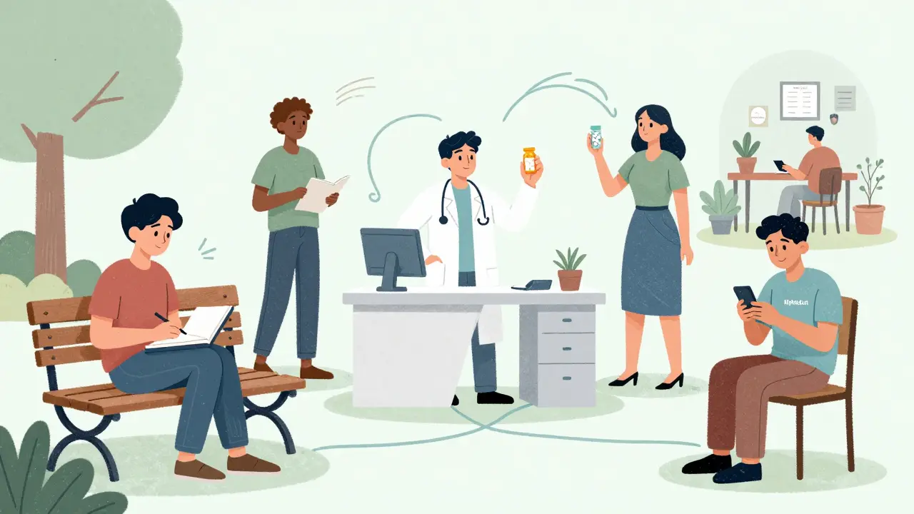 Diverse individuals practicing medication management through journaling, bottle review, and digital tools.