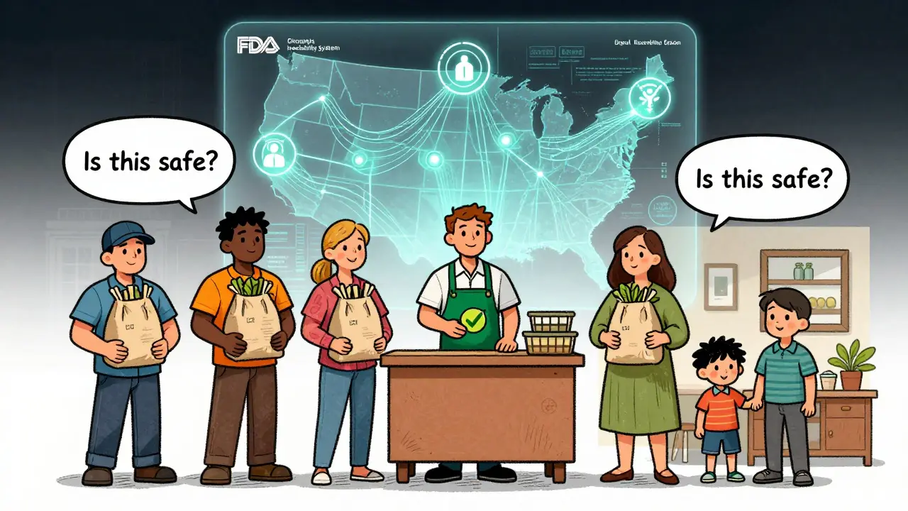 Diverse people holding food with lot numbers, while a digital trace network glows above them, symbolizing food safety.