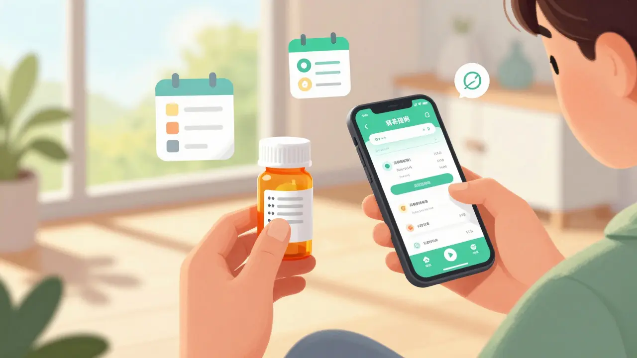 Hands checking medication app alongside physical prescription bottles