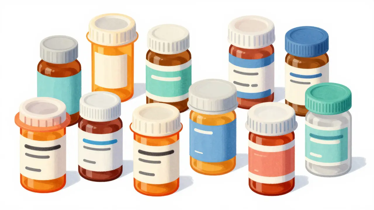Multiple medication bottles showing different label layouts