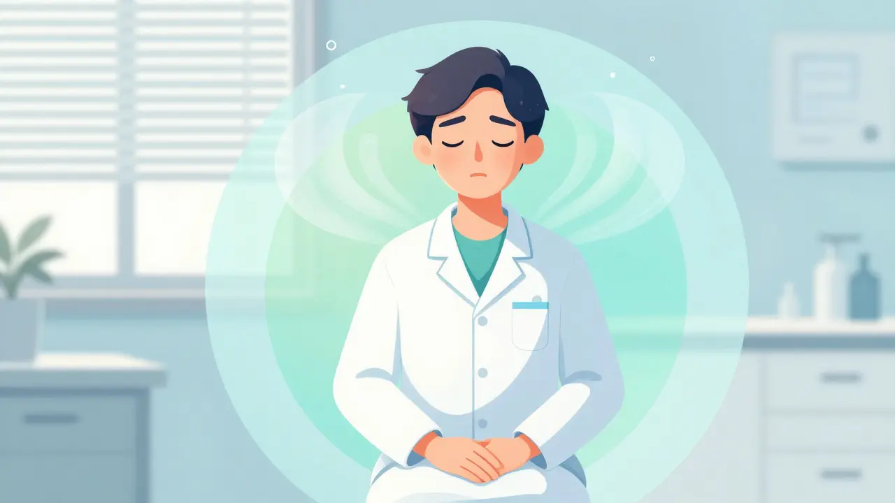 Person practicing deep breathing exercises to regain calm