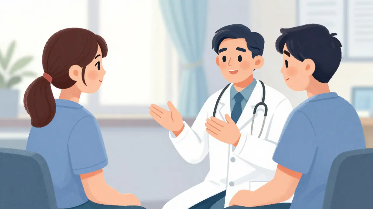 Physician speaking kindly with patient during a medical consultation.