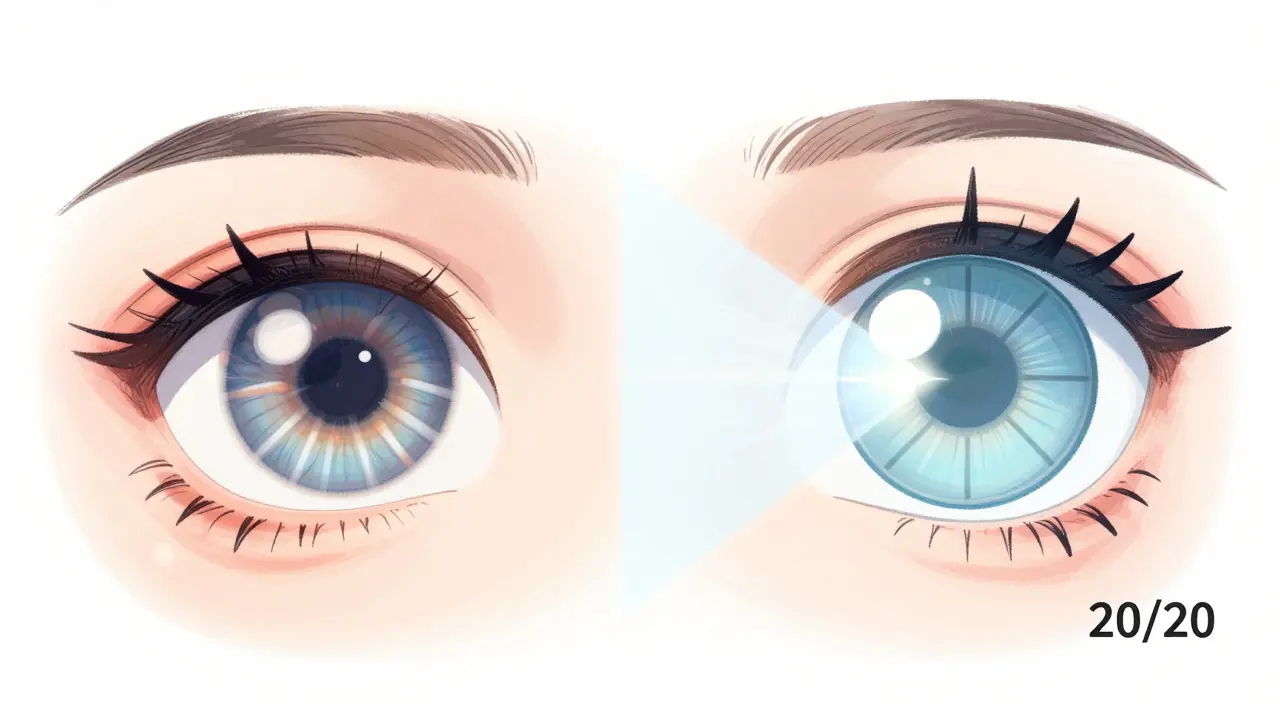 Side-by-side: a distorted eye with soft lenses vs. a corrected eye with a rigid lens creating sharp focus through a tear layer.
