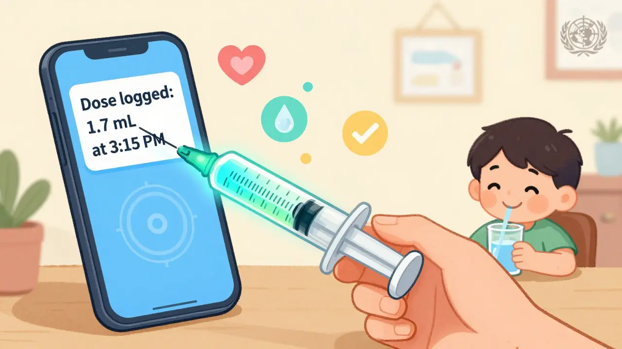 Smart color-changing syringe glowing green as dose is drawn, with phone logging administration.