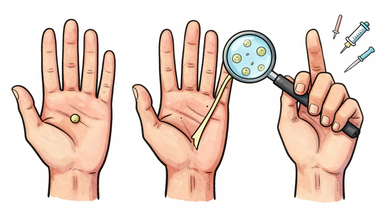 Three illustrated stages of Dupuytren’s contracture: nodule, cord, and finger contracture.