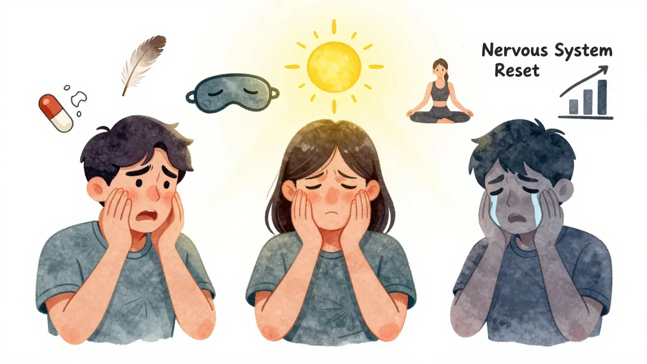 Three people reacting to harmless stimuli as painful, with icons representing treatment options above them.