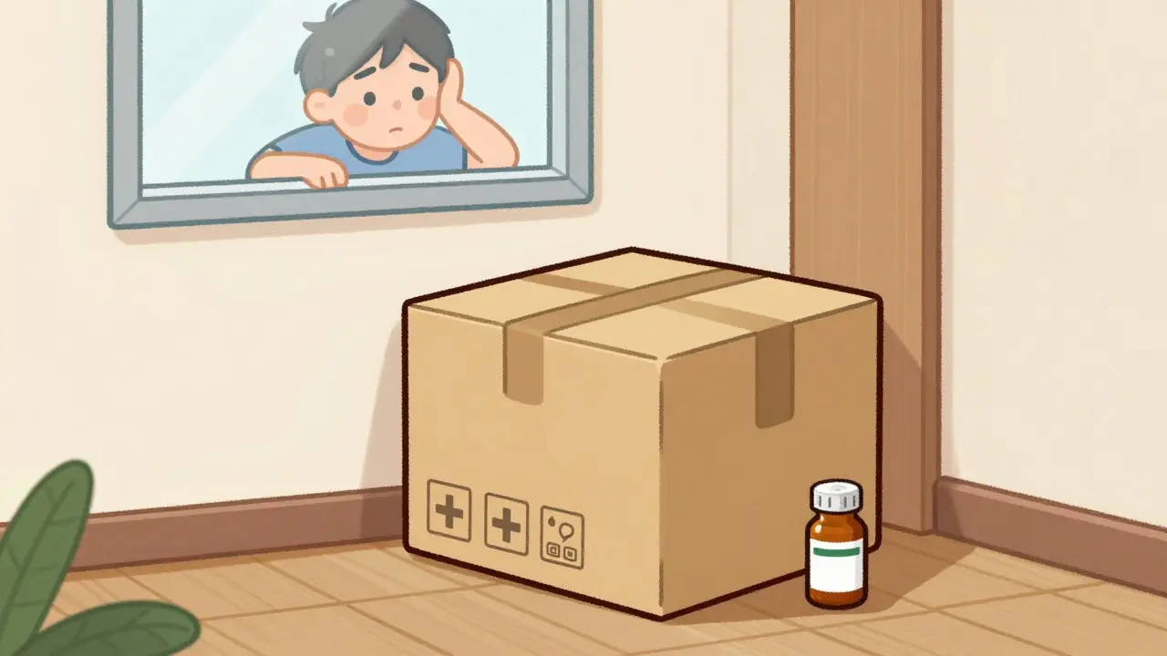 A delivered package of generic medication on a home doorstep