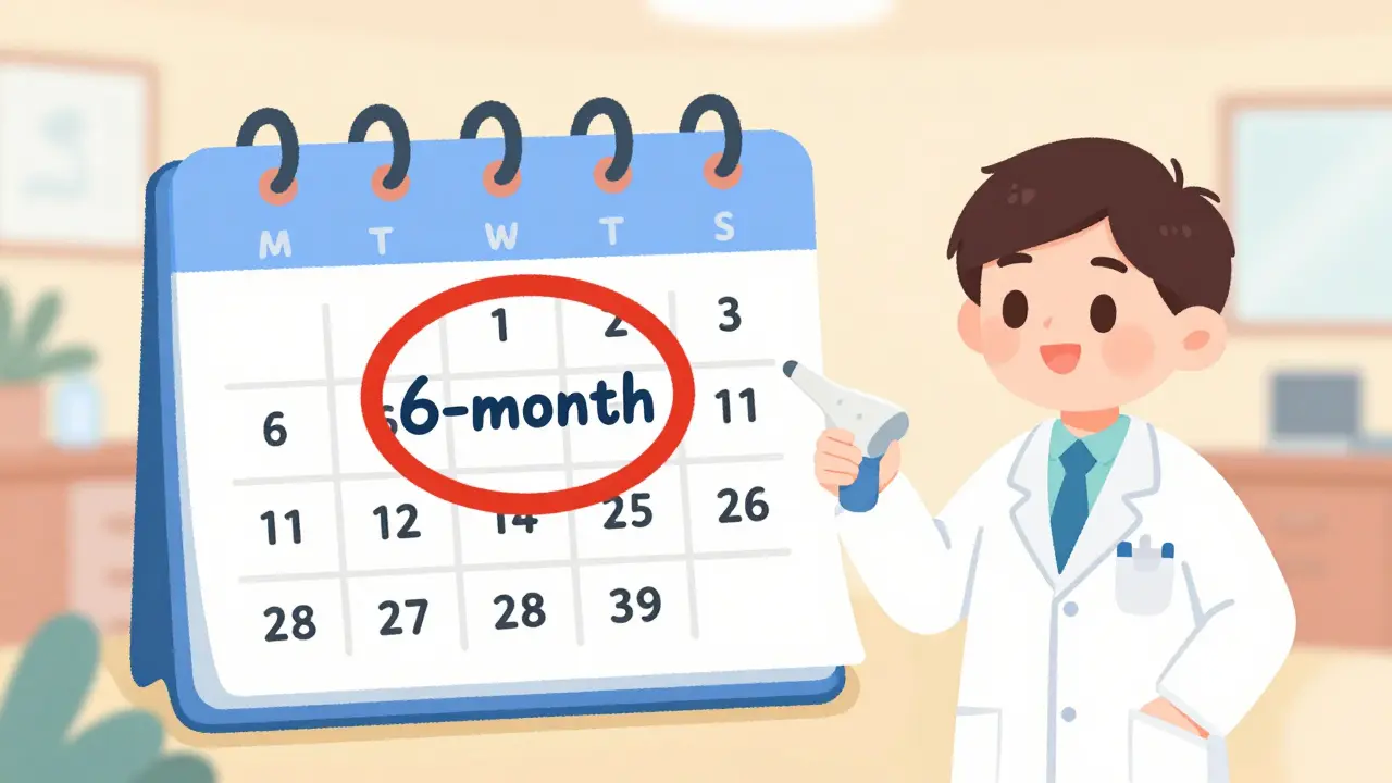 A medical calendar highlighting a six-month screening appointment next to a doctor with an ultrasound probe.