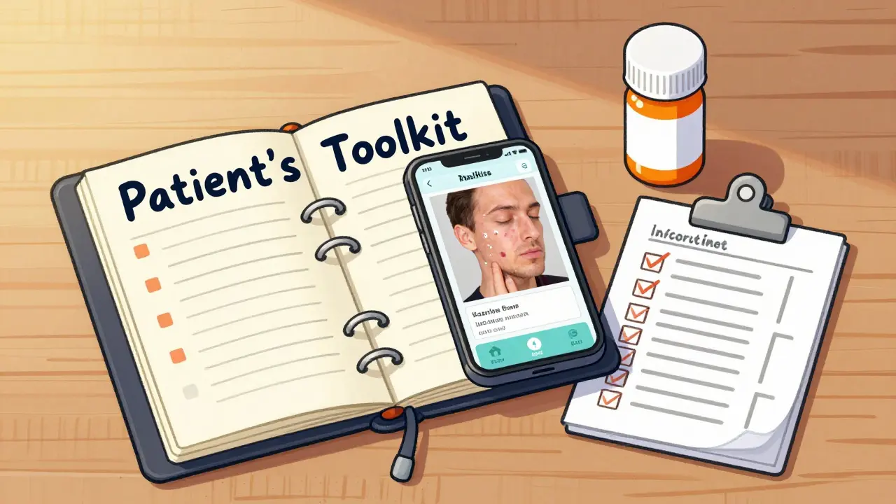 A medication diary, checklist, and smartphone with photos on a table.