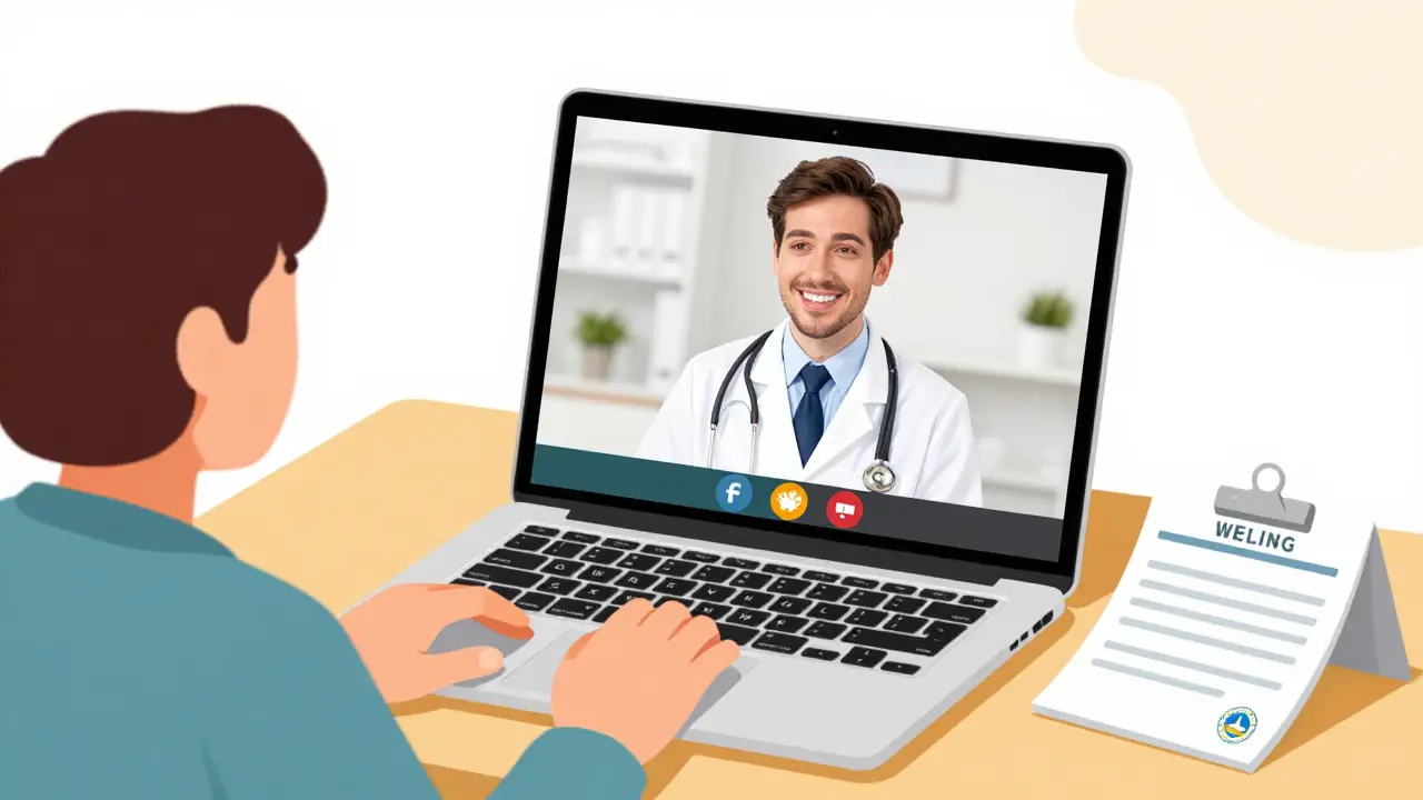 A patient having a telehealth consultation with a doctor for a prescription